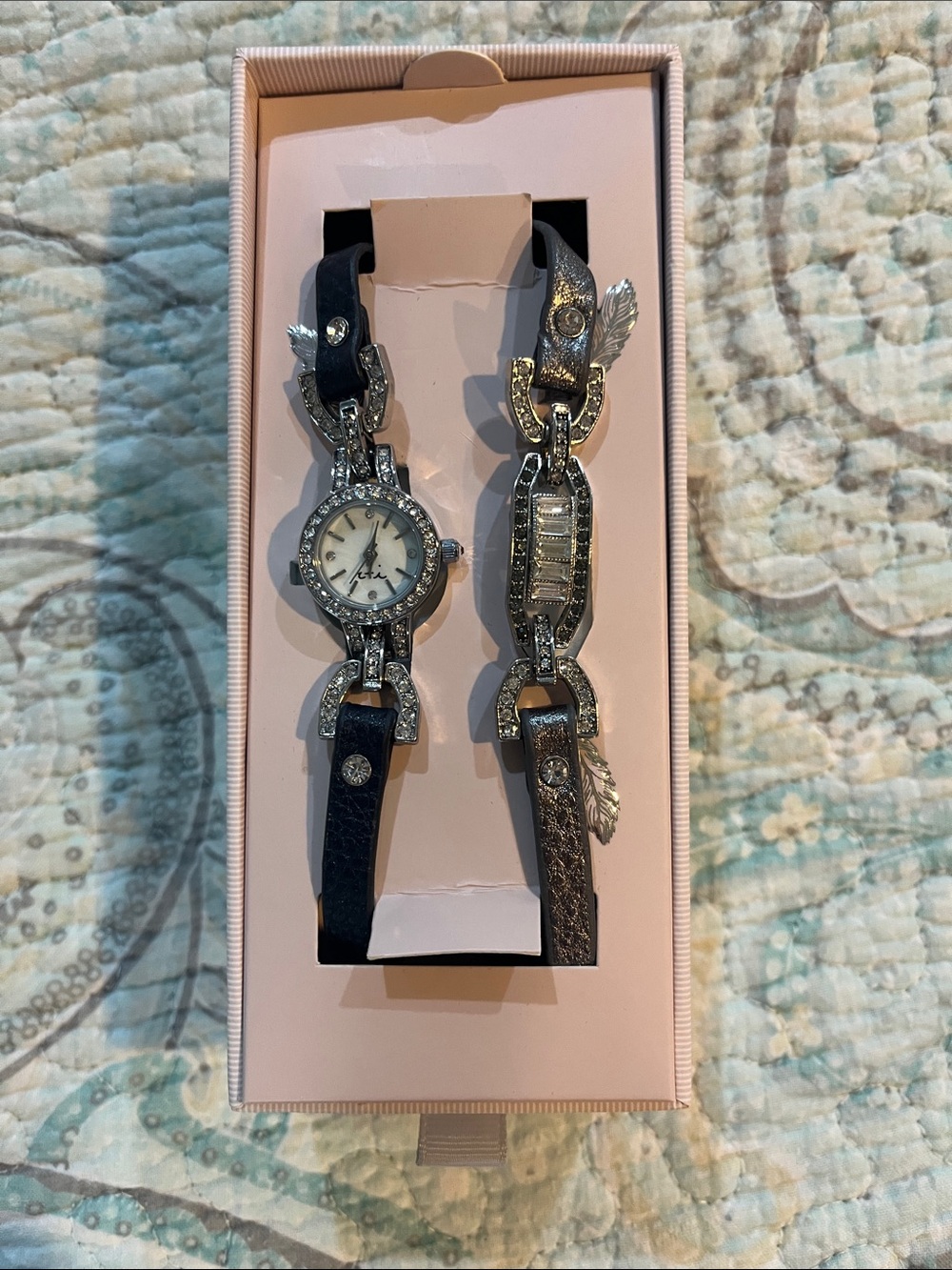 Chloe + Isabel Crystal-Accent Black Leather Watch & Bracelet Set